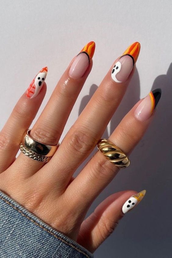 Orange Striped Halloween Nails with Ghosts | Best Halloween Nails | Trendy Nails | Halloween Nail Art | Acrylic Nails | October Nails | Spooky Nails | Manicure Ideas | Fall Nails 2022 | Halloween Nail Designs | Autumn Nails | Pretty Halloween Nails