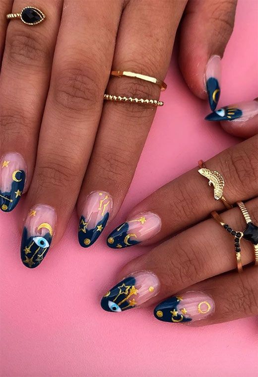 Navy and Gold Celestial Nails | Moon Nails | Star Nails | Evil Eye Nails | Best Halloween Nails | Trendy Nails | Halloween Nail Art | Acrylic Nails | October Nails | Spooky Nails | Manicure Ideas | Fall Nails 2022 | Halloween Nail Designs | Autumn Nails | Pretty Halloween Nails