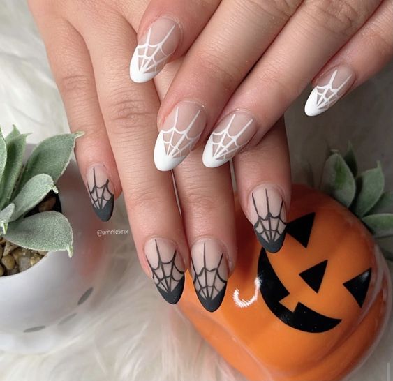 Black and White Matte Spiderweb Nails | Best Halloween Nails | Trendy Nails | Halloween Nail Art | Acrylic Nails | October Nails | Spooky Nails | Manicure Ideas | Fall Nails 2022 | Halloween Nail Designs | Autumn Nails | Pretty Halloween Nails