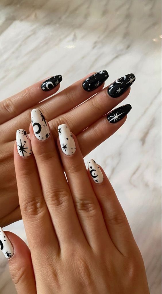 Black and White Celestial Nails | Star Nails | Best Halloween Nails | Trendy Nails | Halloween Nail Art | Acrylic Nails | October Nails | Spooky Nails | Manicure Ideas | Fall Nails 2022 | Halloween Nail Designs | Autumn Nails | Pretty Halloween Nails