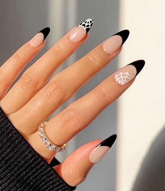 Black French Tips with Spiderwebs | Black Nails | Best Halloween Nails | Trendy Nails | Halloween Nail Art | Acrylic Nails | October Nails | Spooky Nails | Manicure Ideas | Fall Nails 2022 | Halloween Nail Designs | Autumn Nails | Pretty Halloween Nails