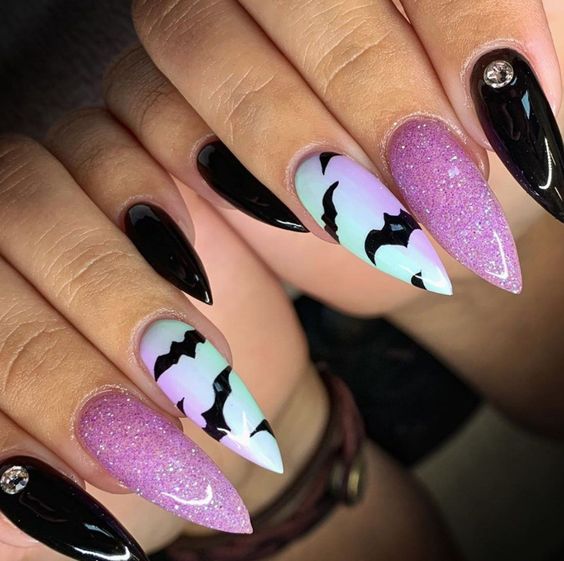 Black and Purple Bat Nails | Best Halloween Nails | Trendy Nails | Halloween Nail Art | Acrylic Nails | October Nails | Spooky Nails | Manicure Ideas | Fall Nails 2022 | Halloween Nail Designs | Autumn Nails | Pretty Halloween Nails