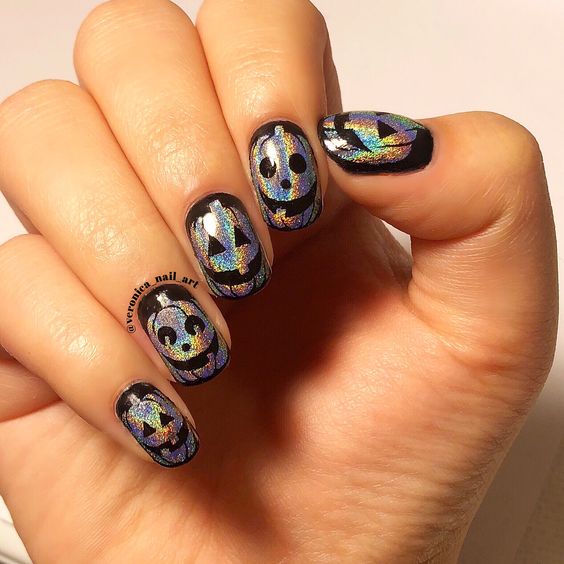 Holographic Jack O Lantern Nails | Best Halloween Nails | Trendy Nails | Halloween Nail Art | Acrylic Nails | October Nails | Spooky Nails | Manicure Ideas | Fall Nails 2022 | Halloween Nail Designs | Autumn Nails | Pretty Halloween Nails