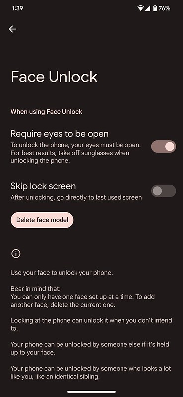 Pixel 7 Pro - Facial Unlock Settings