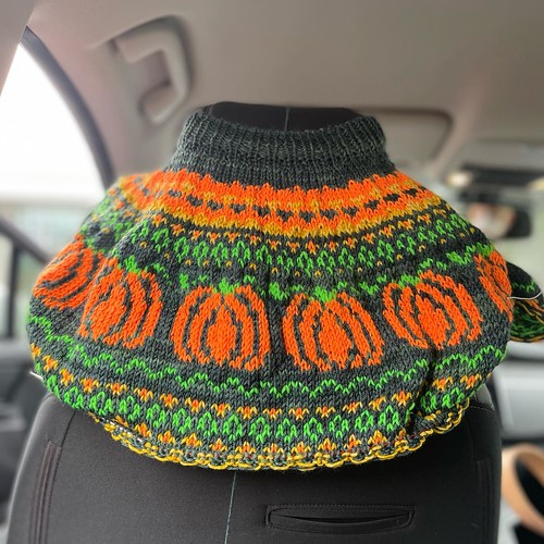 Sometimes, you work on a project, and take a step back and think to yourself, “My goodness this is GOURD-geous!” 🎃 (Pattern: Pumpkin Patch by @BadWolfGirlSitsAndKnits; all yarn from different vintages of yarn- @TessYarns (green), @knitcircu
