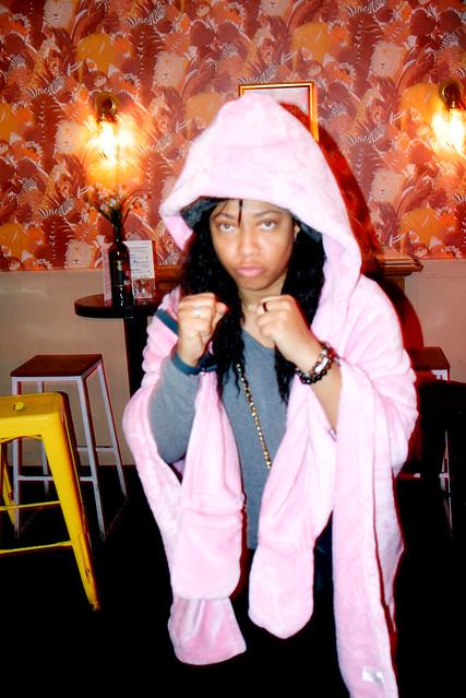 DSC_9565 Princess Alesha Jamaican Fashion Model in Pink Robe Out on the Town at Simmons Bar 21 Widegate Street Petticoat Lane Spitalfields London
