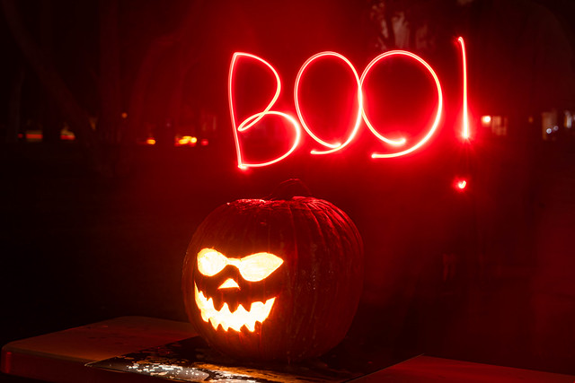 Light Painted Boo On Top of a Pumpkin