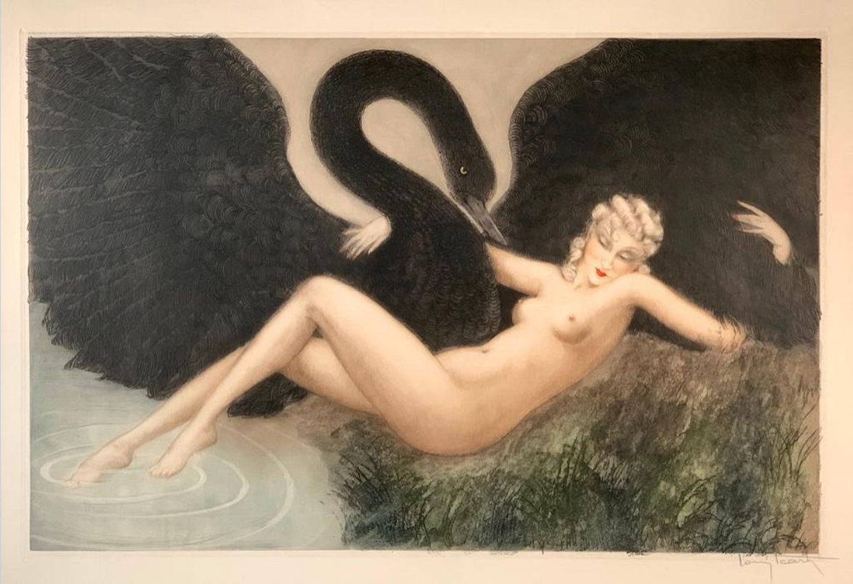 Louis Icart (1888-1950) :: Leda and the Swan, 1934. Etching and aquatint with hand coloring, signed in pencil, lower right, with windmill blindstamp, copyrighted and dated on verso. | src Bidsquare ~ Neue Auctions