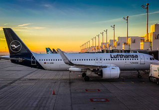 Lufthansa Airbus A320neo at Munich International Airport (MUC) during morning sunrise Munich Germany