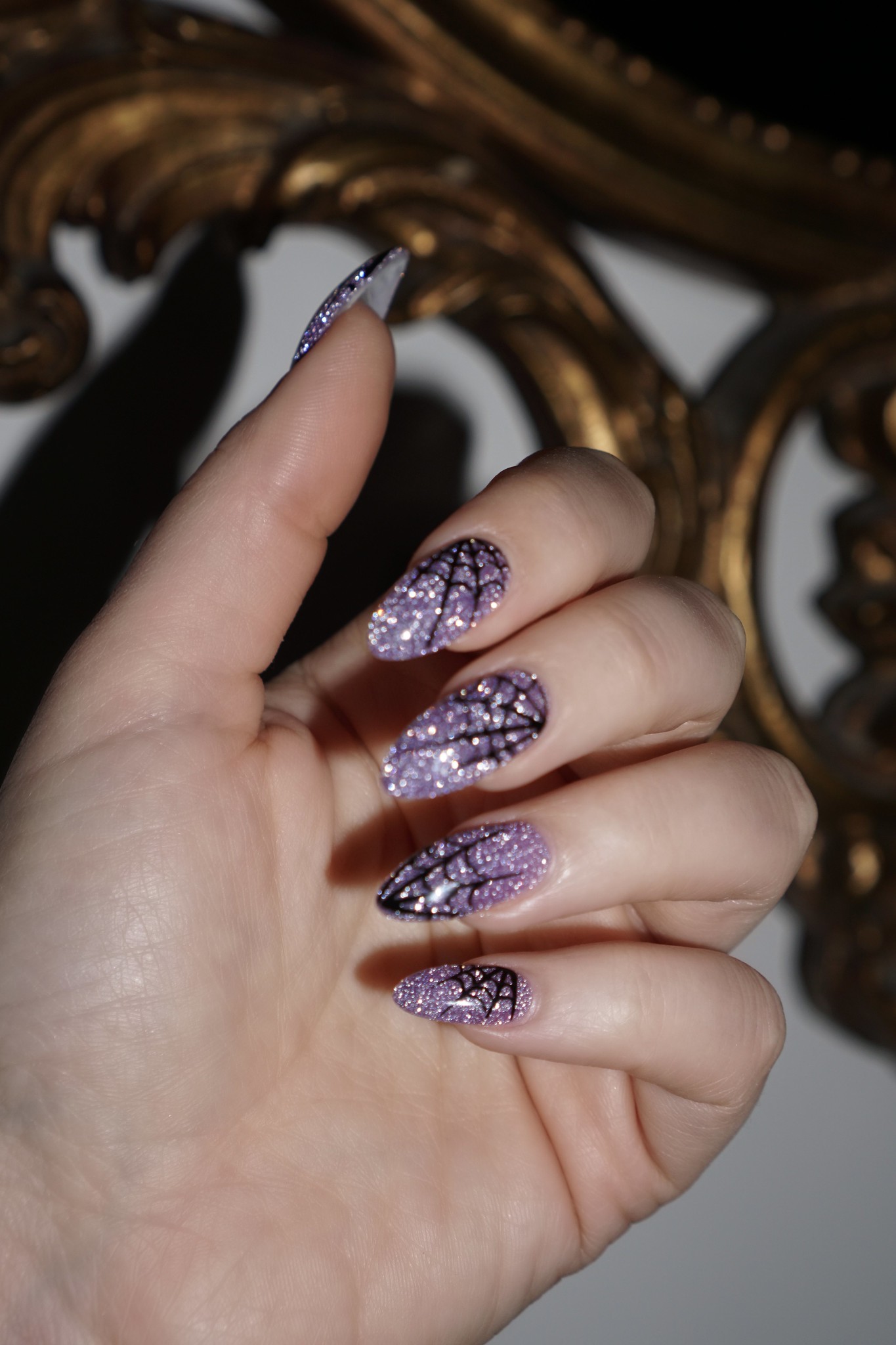 Purple Glitter Spiderweb Nails