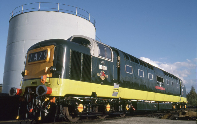 Class 55 Deltic D9016 'Gordon Highlander' looking very spruce in two-tone green livery at Old Oak Common open day in 1990