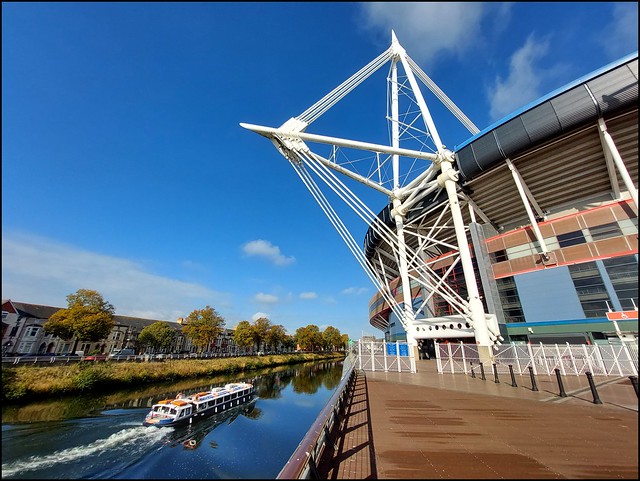 Boating past the Principality Stadium, Cardiff, Wales