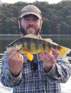 Photo of man next to a small lake holding a yellow perch fish