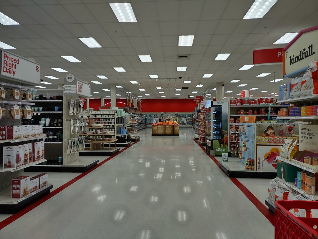 Olive Branch Target, very long view down toward produce and the refrigerated cases on the right side wall