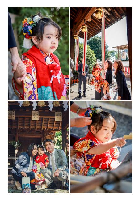 名古屋の城山八幡宮で七五三　3歳の女の子の赤い着物　髪飾り