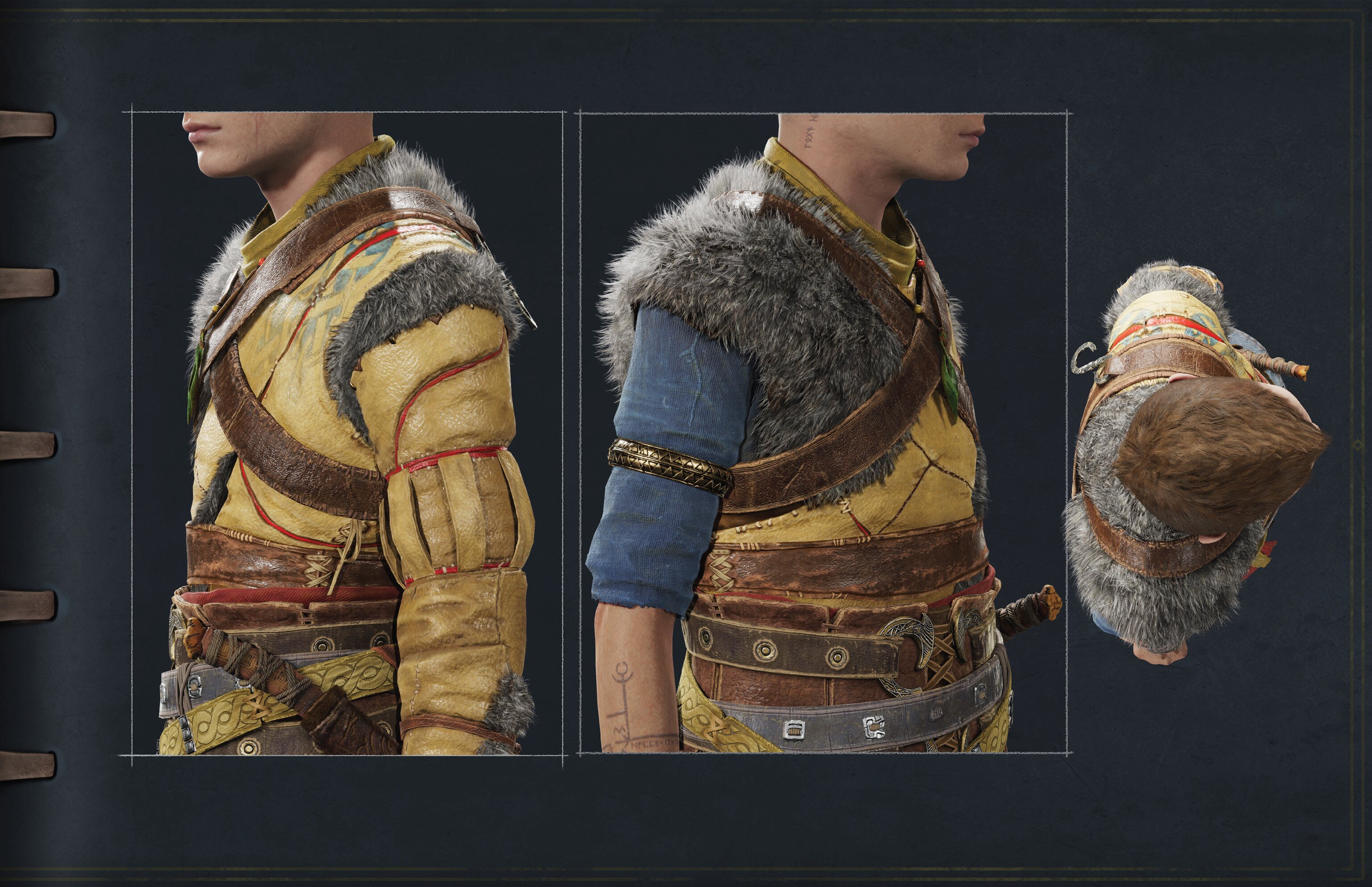 This image is an excerpt from the Cosplay Guide showing the front angle of Atreus’ waist. The page also has several close-ups of his armor.