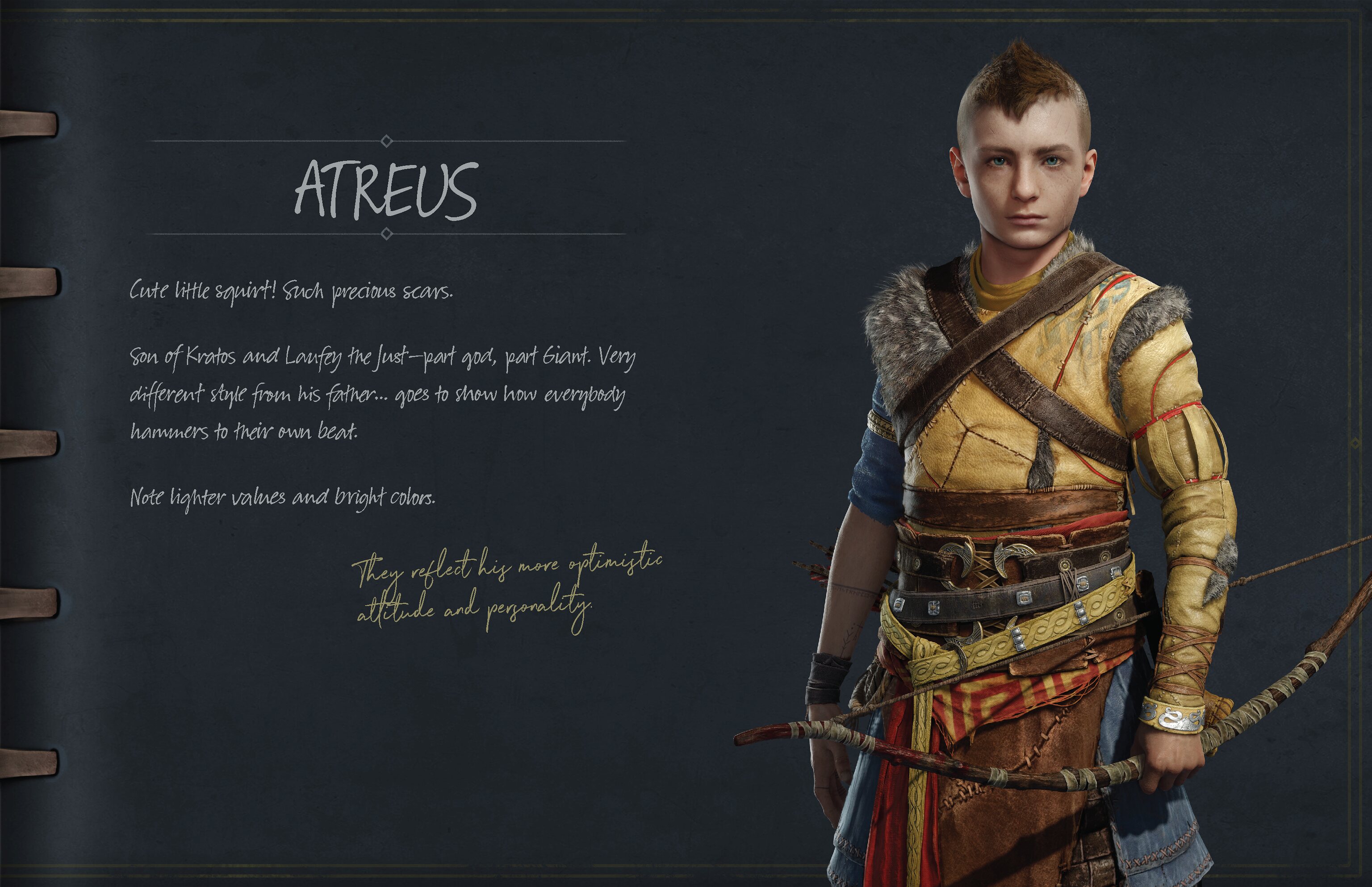 This page houses an introduction of Atreus written by Lúnda with a note from Sindri. Atreus stands with the Talon Bow held in his left hand.