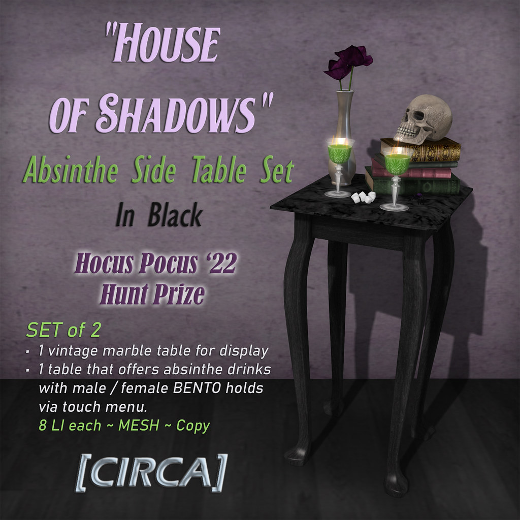 Hocus Pocus 2022 | [CIRCA] – "House of Shadows" Absinthe Side Table Set