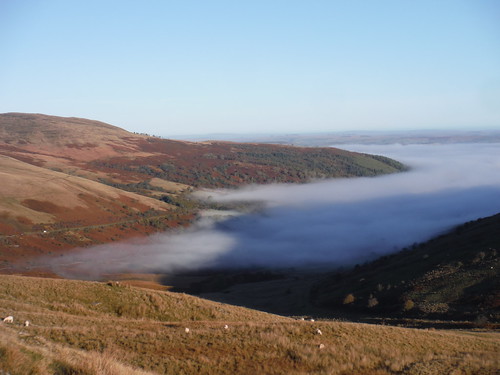 Fog in the valley: Glyn Tarell from ascent up Fan Fawr SWC Walk 401 - Storey Arms to Libanus or Circular (via Ystradfellte)