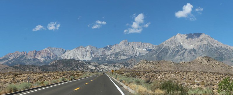 Heading west on Highway 168 out of Bishop, with the Mount Humphreys right of center and Mount Tom, right