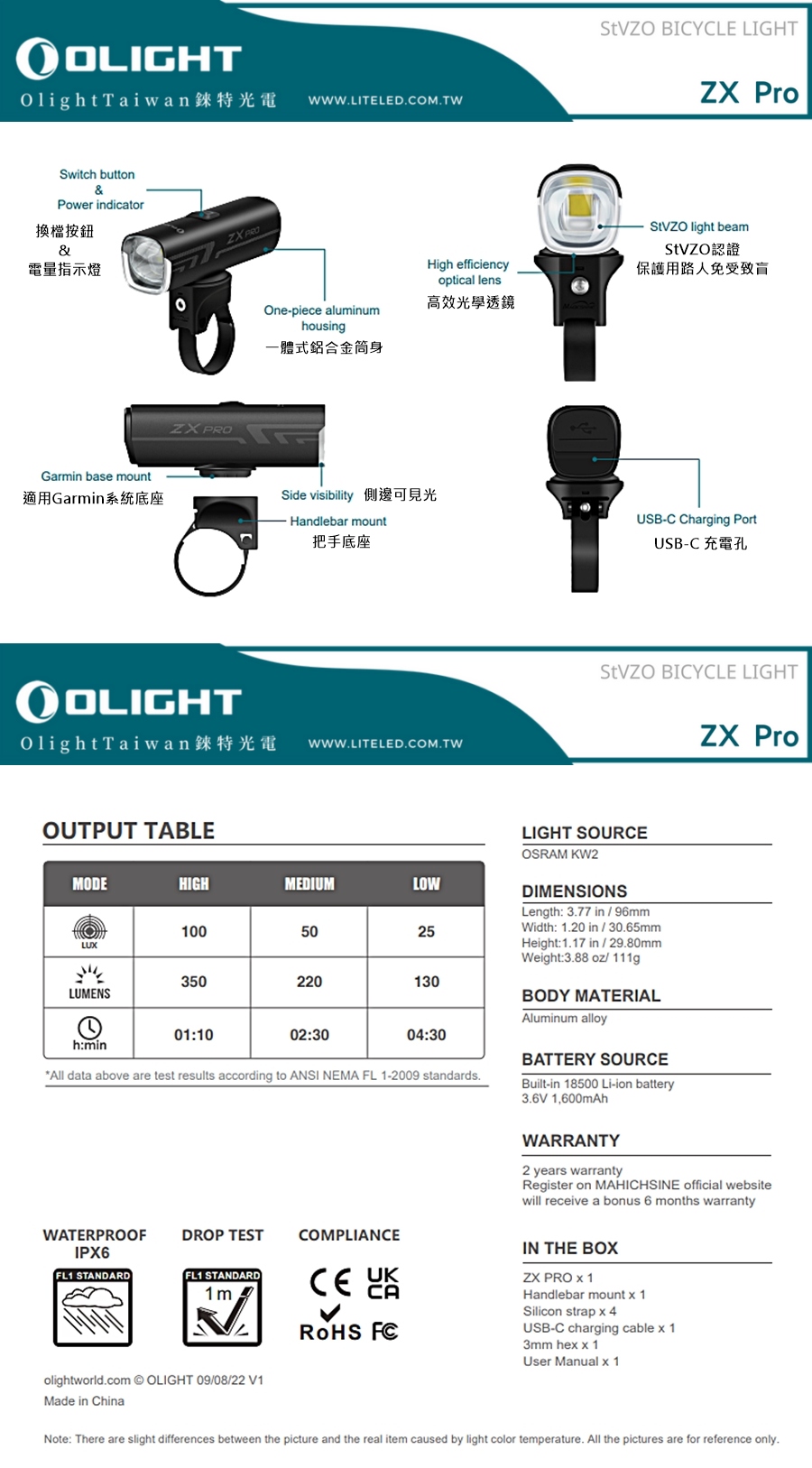 【錸特光電】OLIGHT ZX Pro (StVZO認證) 350流明 USB-C充電 LED自行車燈 Rechargeable LED Bike Light - 350 Lumens - Uses Built-in 1600mAh Li-ion Battery (2)