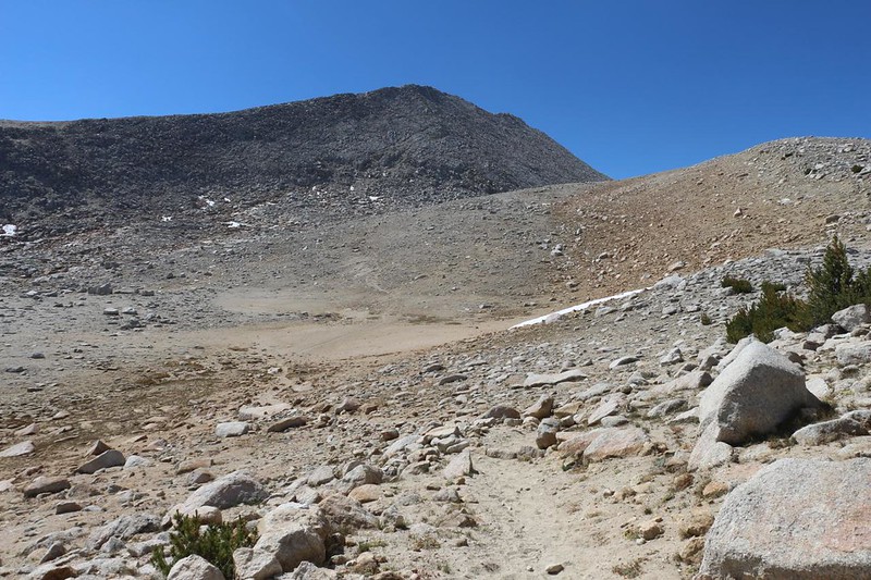 Looking back up the Mono Creek Trail toward Mono Pass, with Mount Starr left of center