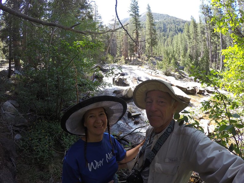 GoPro double-selfie from our break spot next to a waterfall on the Mono Creek Trail