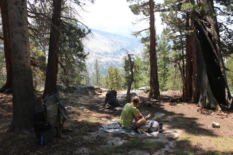 We found a shady spot with a view so that Vicki could have a well-deserved nap, on the John Muir Trail near Bear Creek