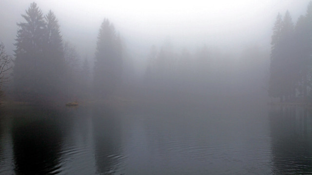 The fog rises over the lake