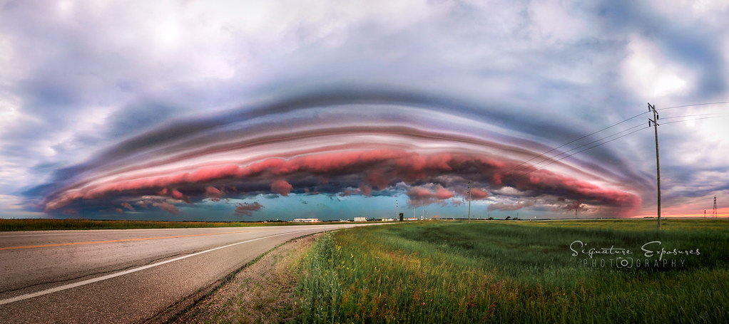 Panoramic image of Massive Shelf Cloud rolling into Winnipeg Manitoba Canada at sunrise
