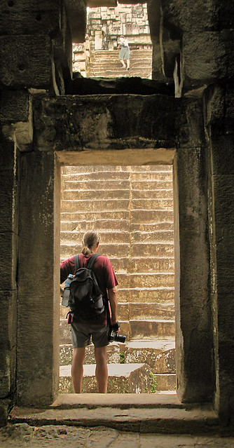 Contemplating a length of stairs at Angkor Wat in Cambodia