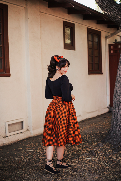 Vixen by Micheline Pitt Corset Skirt in Pumpkin Gingham Vacation Top in Black