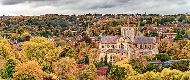 WInchester Cathedral; autumn view from St. Giles Hill viewpoint.