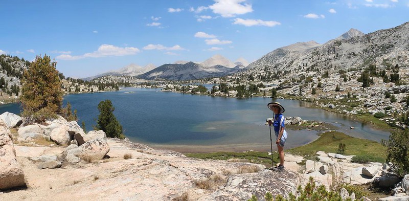 Vicki posing high above Marie Lake from the southern end, just off the John Muir Trail where we found a campsite