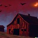DALL·E 2022-10-24 10.33.43 - A decaying barn on a windswept hill with a huge blood-red moon behind a flight of bats in the background in the fauve style