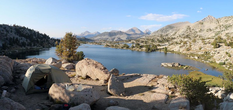 Panorama view of Marie Lake from our campsite, with our Big Agnes Copper Spur tent on the far left