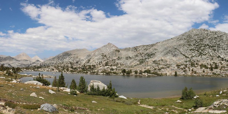 Panorama view over Marie Lake from the John Muir Trail