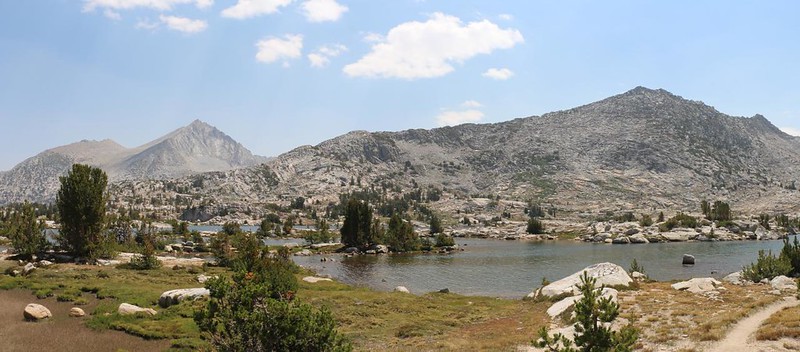 Panorama view east over Marie Lake from the John Muir Trail, with Seven Gables Peak on the left