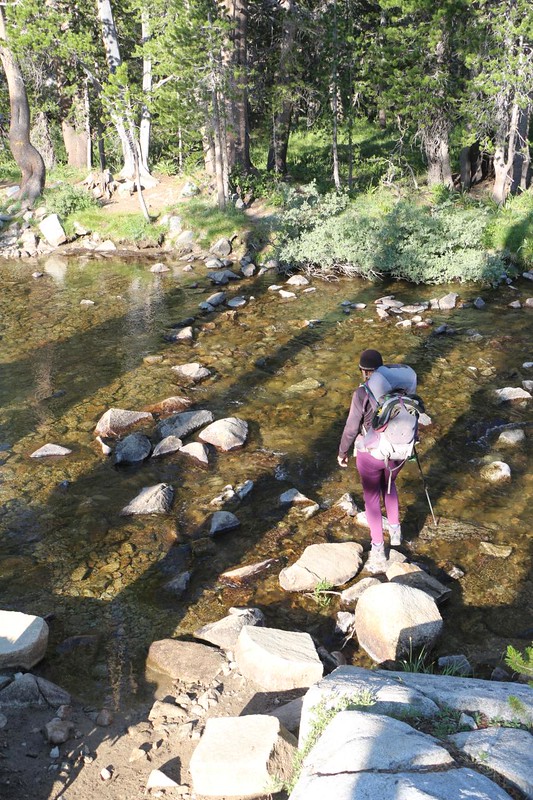 We were lucky the water level was low enough to rock-hop the ford over upper Bear Creek on the John Muir Trail