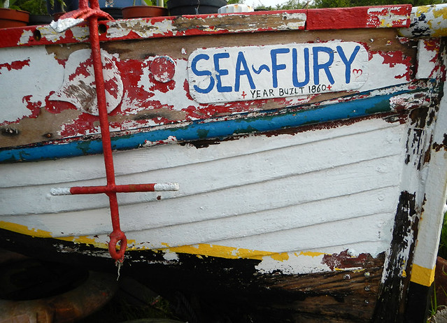 a boat called the Sea Fury at the 'protest' house in Fishguard, Wales