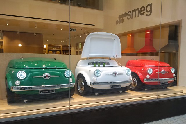 Fiat 500 fridges in a Smeg shop window display, London.