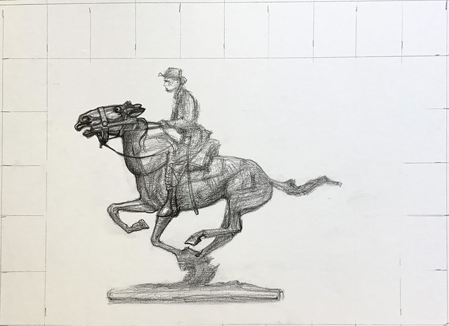 Continuation of a study by jmsw of a Sculpture by Frederic Sackrider Remington, American painter, Illustrator, Sculptor, and Writer. The sculpture is titled “Trooper on the Plains.” Stage 2, to be continued.