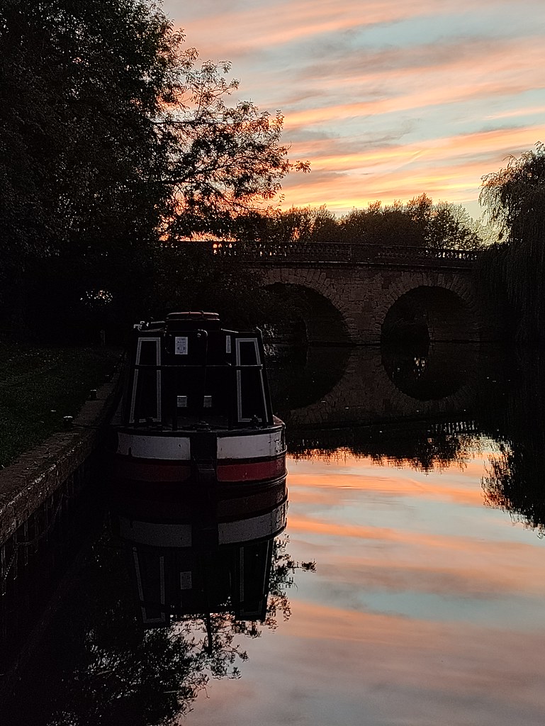 Sunset view from the bow of our boat at Eynsham Lock