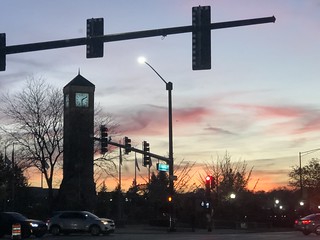 Village clock tower at sunset, Schaumburg, Illinois