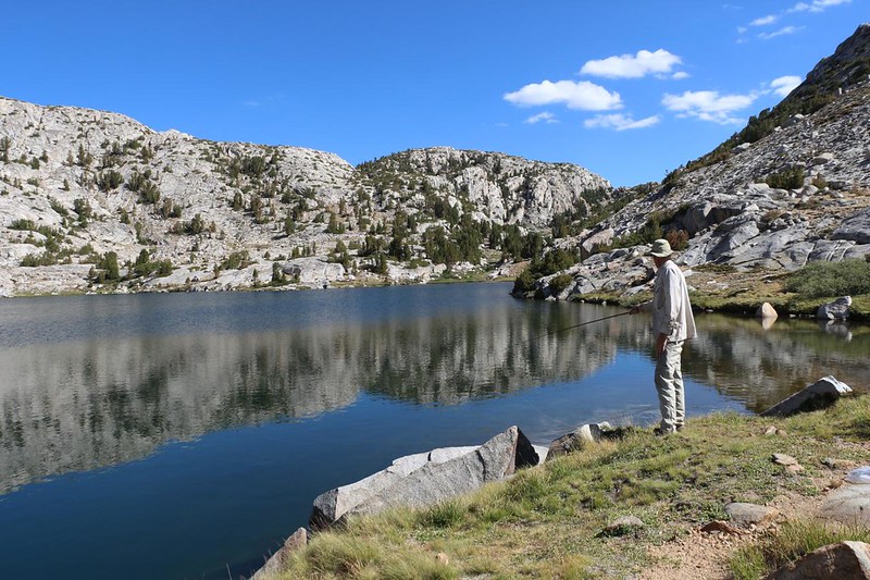 I got out my tenkara fly rod and began fishing for Golden Trout in Heart Lake, near Selden Pass on the John Muir Trail