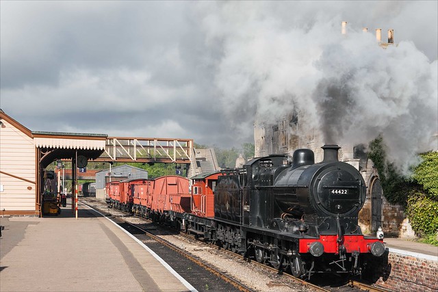 Ex-LMS Fowler 4F 0-6-0 no. 44422 puts up plenty of exhaust as it hauls an eastbound mixed goods train through Wansford Station on 9th May 2013