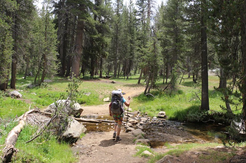 Vicki crossing Senger Creek on the John Muir Trail - we camped here as this was the only water source for miles