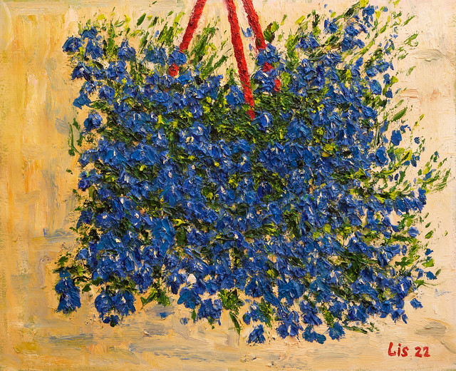 Blooming Lobelia in a pot on the wall. Original painting, oil on canvas 40 x 50 cm. Brush strokes