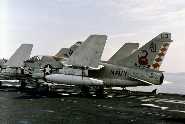 Upstairs 😎 :) 159308 '403' LTV A-7E Corsair II on the deck of USS Nimitz (CVN-68) moored in the Solent in 1980