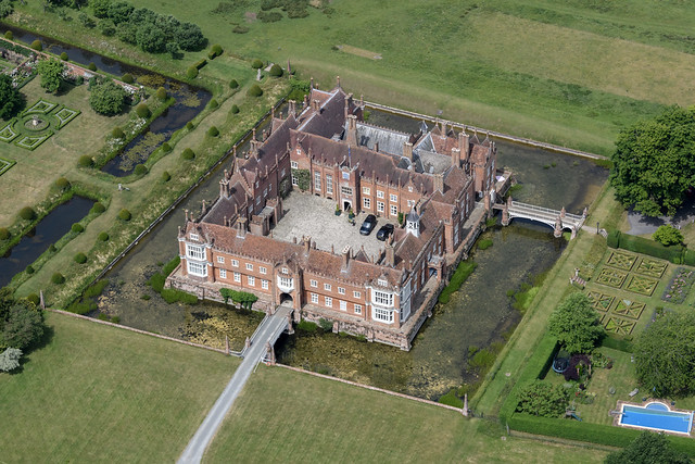 Helmingham Hall aerial image - 16th century moated manor house in Suffolk UK